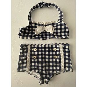 Janie and Jack Swim Girls 5 Navy Blue White Gingham 2 Piece Bow Ruffle Trim